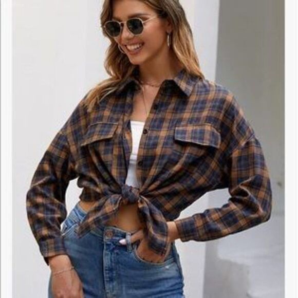 NEW Button Down Plaid Work Blouse - Picture 2 of 6